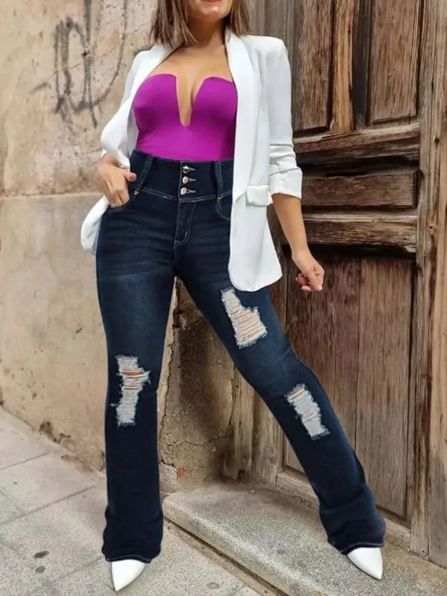 【HME】Jeans | Figure-Sculpting High Waist Flare Denim Pants, Distressed Ripped Dark Wash Denim With Rivet Decorative Back Pockets, Three-Button Waistband Tummy Control, Stylish Comfortable Pants For Women All-Season Fashion