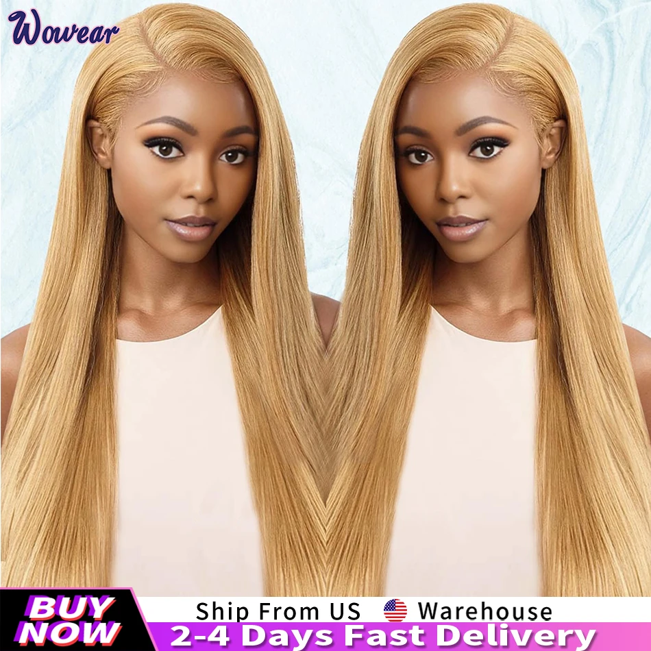 Honey Blonde Wigs Human Hair Bone Straight Wigs 13x6 HD Transparent Lace Front Human Hair Wigs #27 Honey Blonde Colored Wig