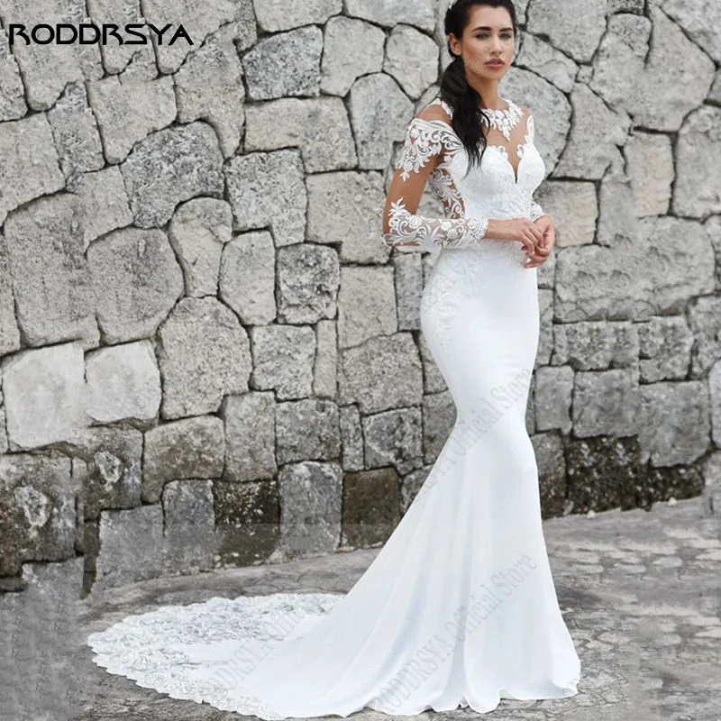 

RODDRSYA Mermaid Wedding Dress Illusion Scoop Lace Back Buttons Vestidos De Noiva Mariage Bridal Gown Bride Satin Applique Train