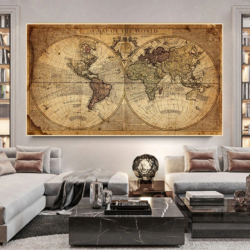 Vintage Earth Map Of The World Retro Old Picture  Canvas Painting For Living Room Poster Prints Home Office Study Wall Art Decor