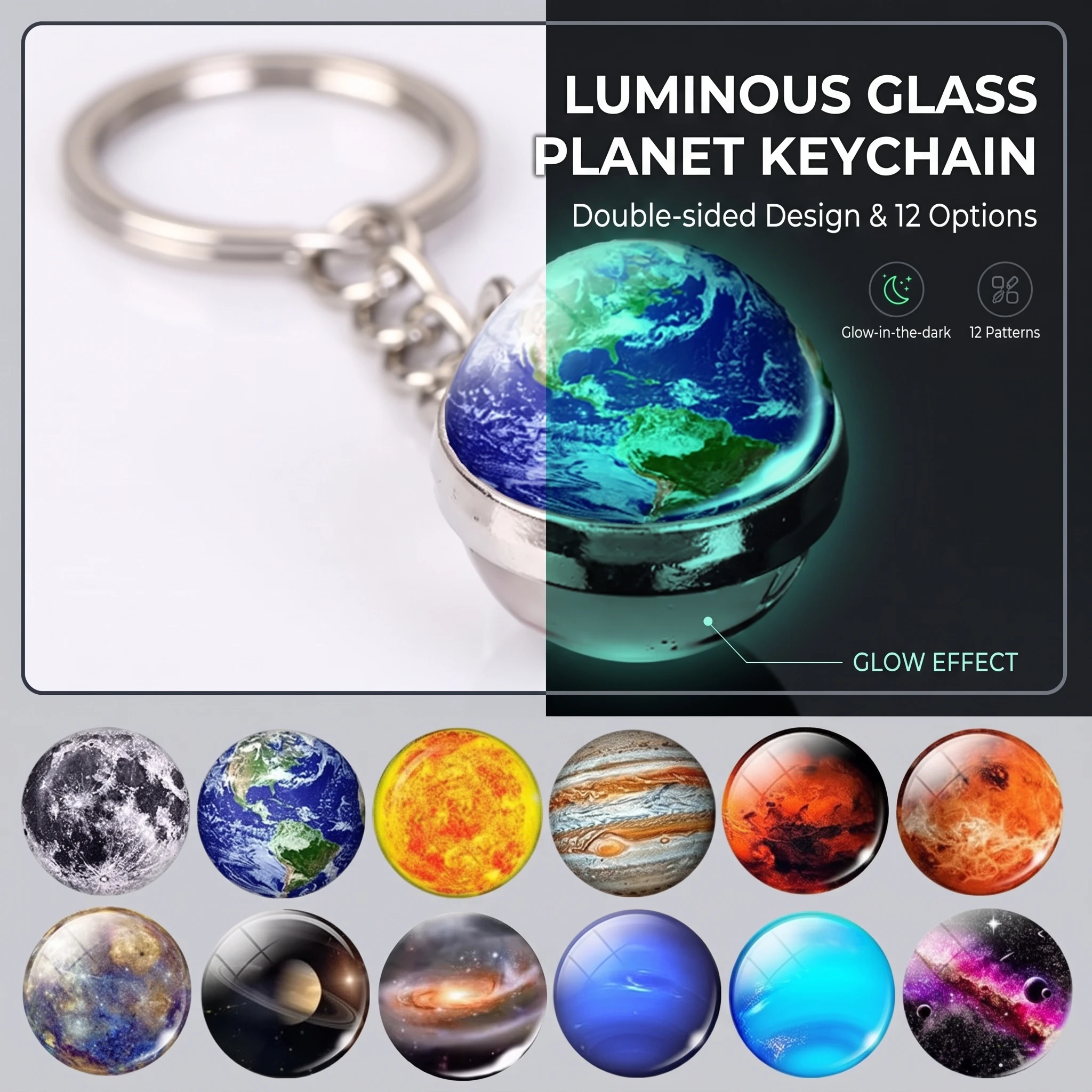 Luminous Solar System Keychain - Glow-in-the-Dark Earth Sun Moon Nebula Double-Sided Glass Ball Key Ring for Gift