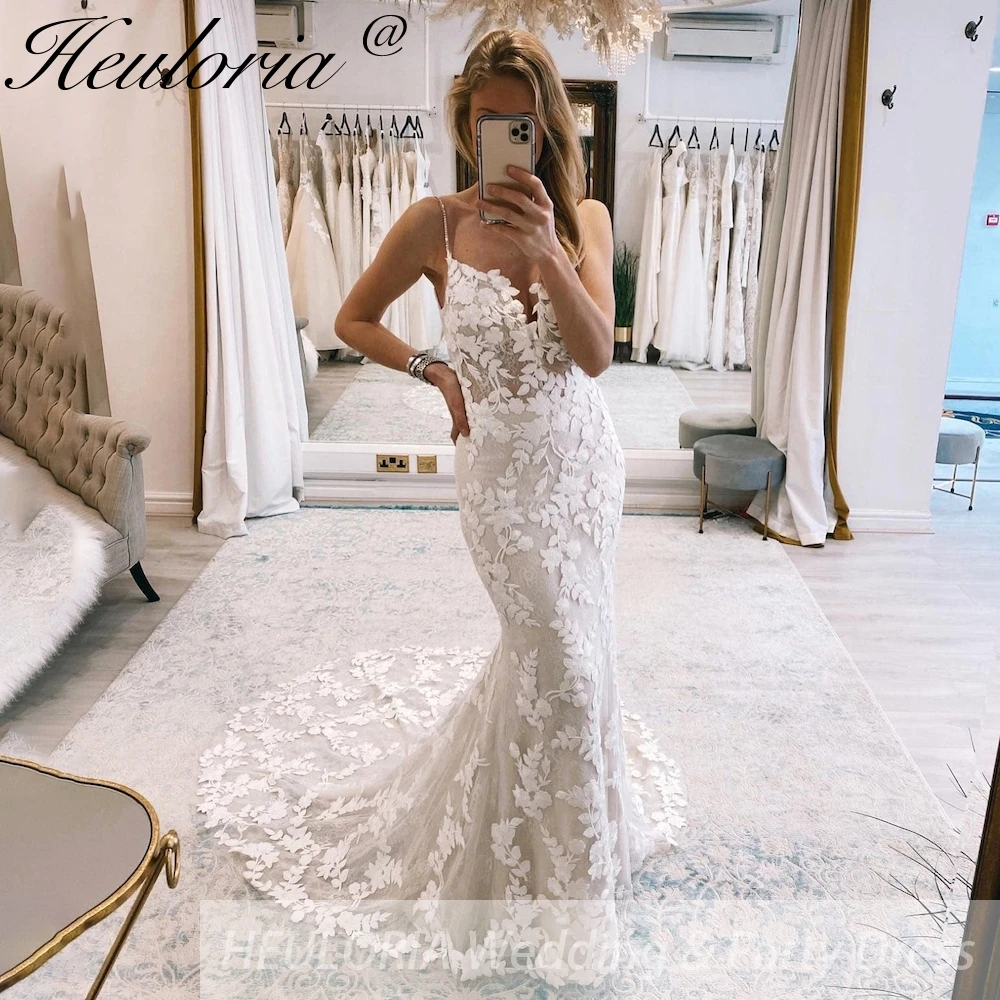 

HEULORIA elegant mermaid wedding dress Spaghetti Straps lace bride dress court train Robe De Mariee wedding gown