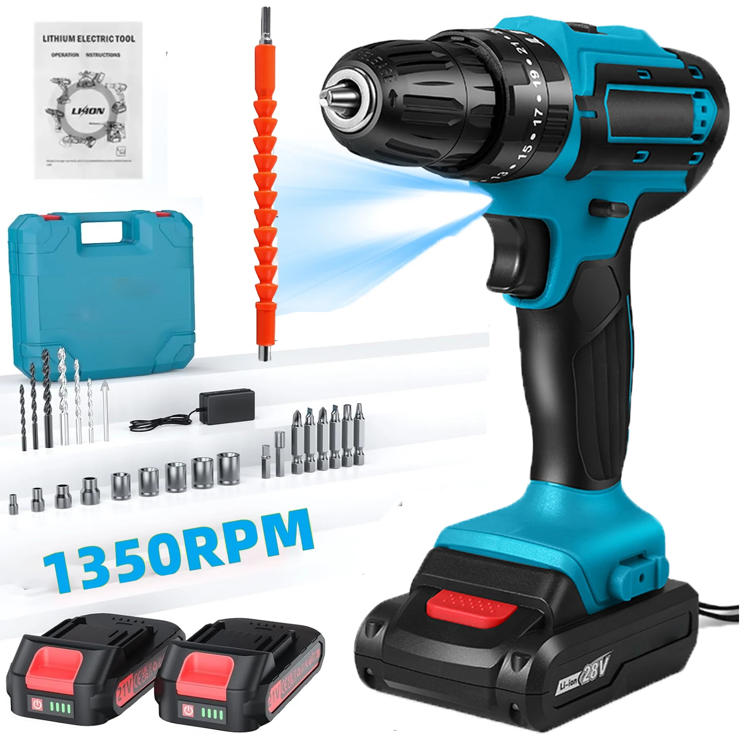 Trapano a percussione a batteria da 28 V Cacciavite elettrico ricaricabile ad alta potenza Trapano a percussione elettrico Utensili elettrici con 2 batterie