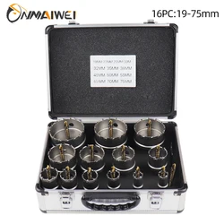 16pcs 16-75mm TCT Hole Saw Tungsten Carbide Tip TCT Metal Cutter Core Drill Bit Kits for Stainless Steel Metal Drilling Crown