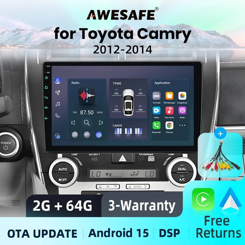 Junsun  Smart Car Navigation System Touch Screen Head Unit Stereo Radio for Toyota Camry 2012 2013 2014 Built In Wireless Carplay Android Auto GPS Navigation Bluetooth 5.0 4G LTE 5G WiFi AI Voice Control