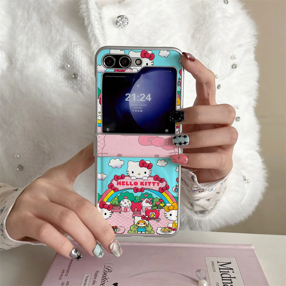 

New Cute Rainbow KT Cat Party PU Leather Case Suitable for Samsung Galaxy Z Flip 7/6/5/4 Flip 5 Flip 6 Flip 4 Fro Magnetic Shell