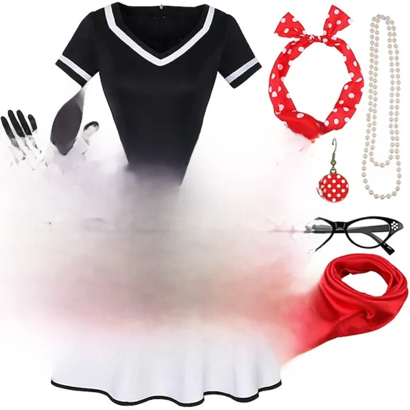 1950s Vintage kostium Hepburn dla kobiet Retro czarny punkt dekolt w serek sukienka trapezowa z okularami szalik rękawiczki garnitur kostiumy na Halloween — zdjęcie 2