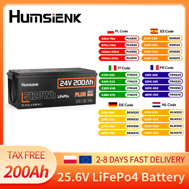 Akumulator LiFePO4 Humsienk 24V 200Ah z ulepszonym systemem BMS 250A, żywotność do 15000+ cykli, akumulator litowy 5120Wh z ochroną przed niską temperaturą do kamperów, paneli słonecznych, łodzi,