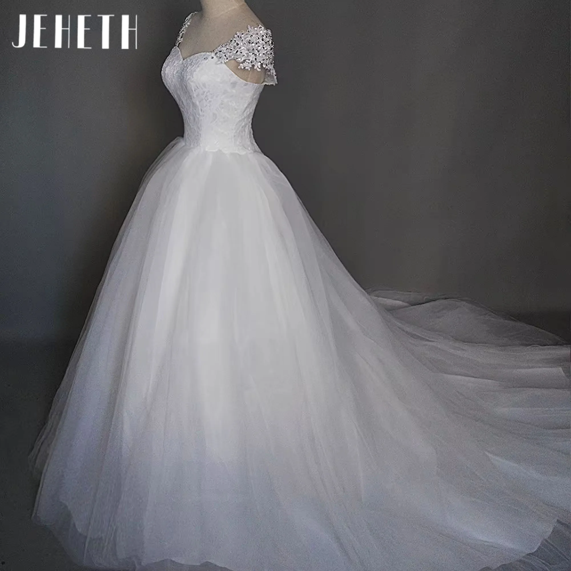 

JEHETH Sexy Cap Sleeve Lace Wedding Dress New Beads Crystal A-Line Sweetheart Tulle Appliques Wedding Bride Gown Customized2025