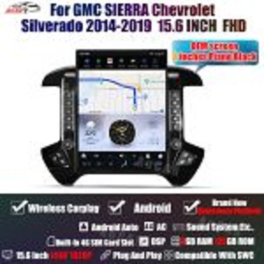 

Aucar 15.6" Tesla Andriod touch screen head unit car radio multimedia dvd player GMC Sierra Chevrolet Silverado 2015-2019 Radio