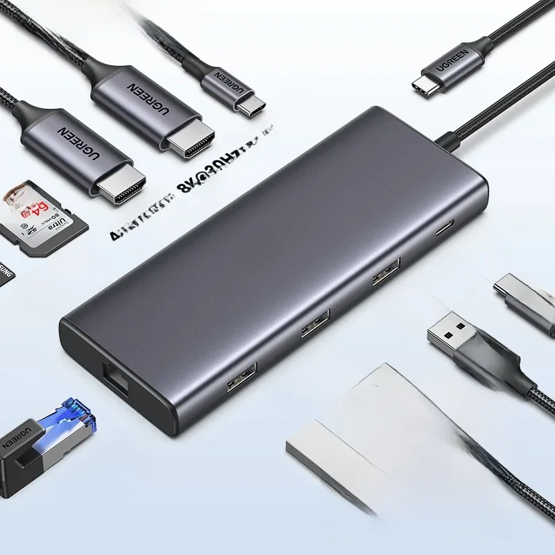 UGREEN Podwójny koncentrator HDMI USB-C Adapter 8K 4K HDMI Rozdzielacz 10 w 1 z RJ45 USB3.0 PD 100W Stacja dokująca do MacBook Pro Air Laptop USB HUB — zdjęcie 2