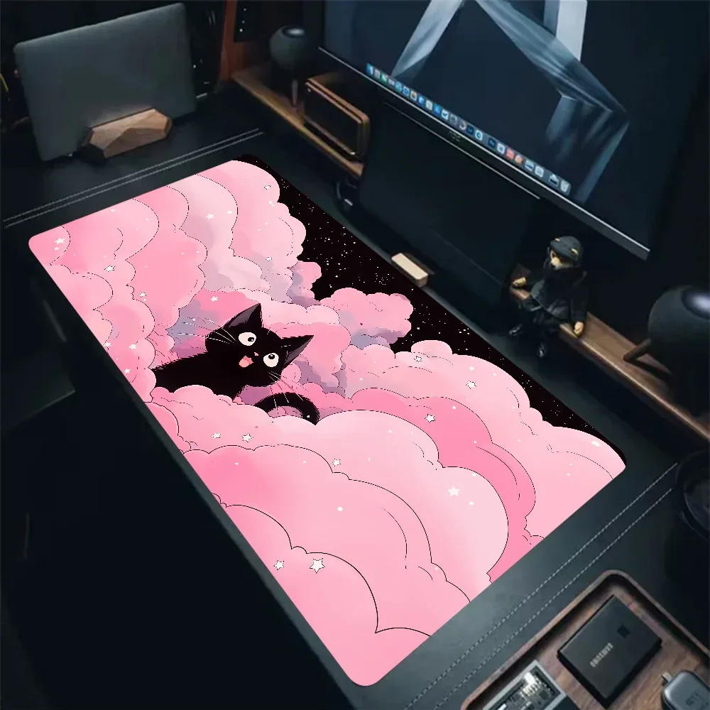 Czarny kot chmury szybka dostawa podkładka pod klawiaturę z zamkiem krawędzi rozszerzona podkładka pod mysz kawaii różowy fioletowy podkładka ochronna na biurko XXL dywanik — zdjęcie produktu 7