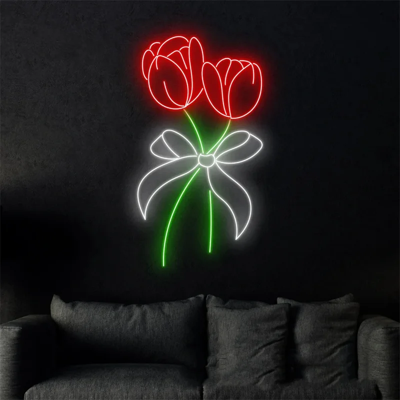 Letrero de neón de pajarita de tulipán, letrero Led de flor de tulipán, letrero de neón personalizado, decoración de pared de tienda de tulipán, arte de tienda de flores, regalos para amantes de las flores