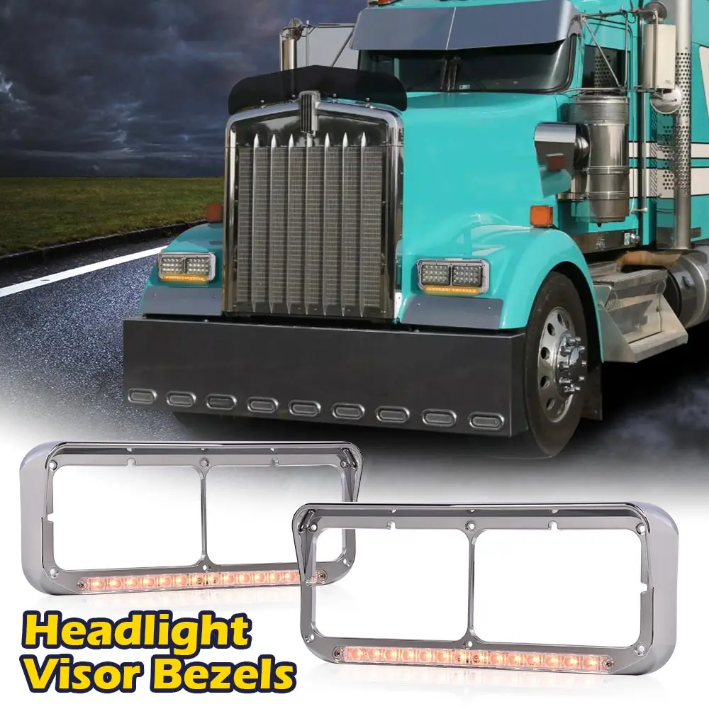 

1 пара хромированных козырьков для фар 4X6 с янтарной светодиодной планкой - прозрачные линзы, подходящие для Kenworth T600 T800 W900