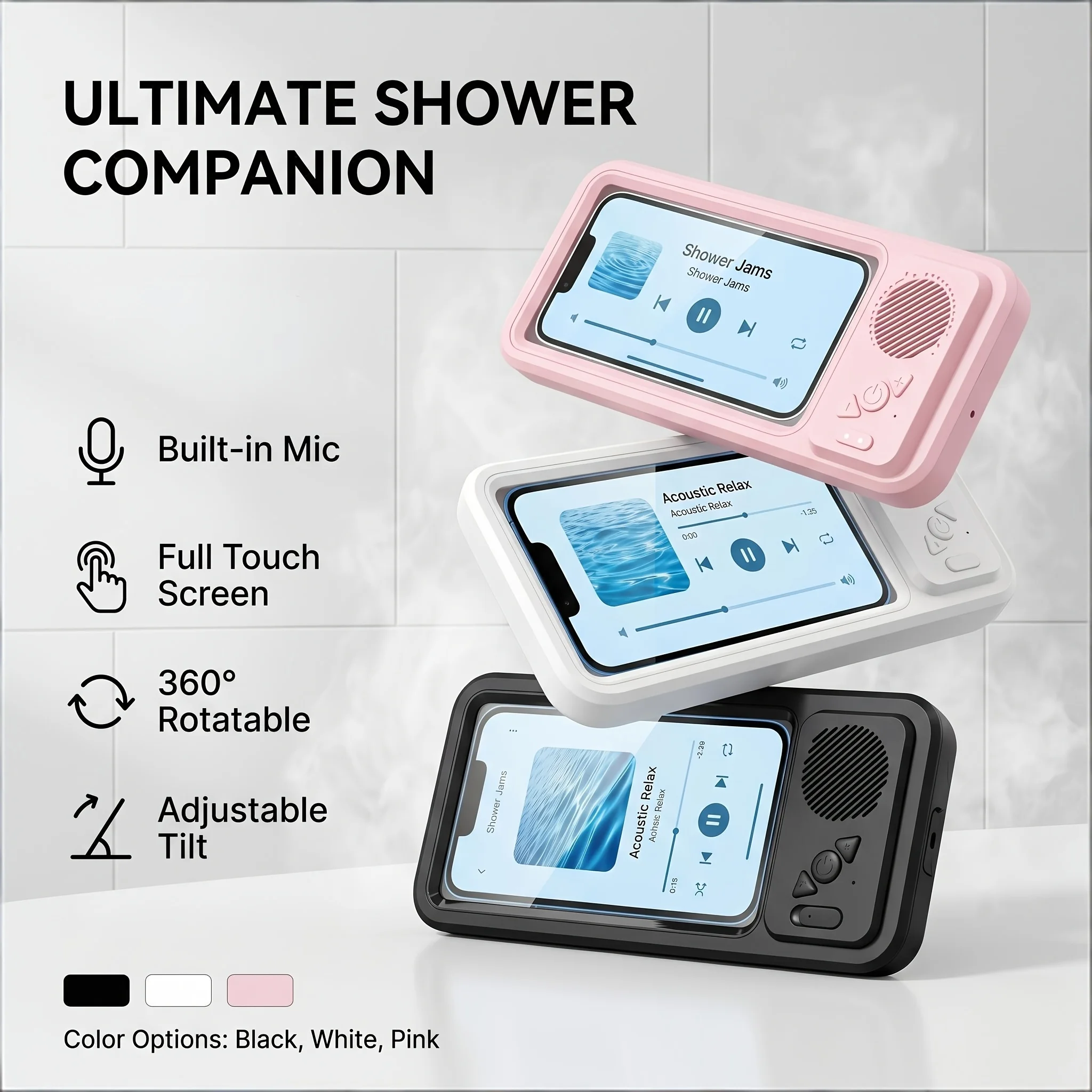 

Premium Waterproof Shower Phone Holder With Bluetooth Speaker Built-In Mic 360° Rotating Touch Screen Bathroom Audio Box