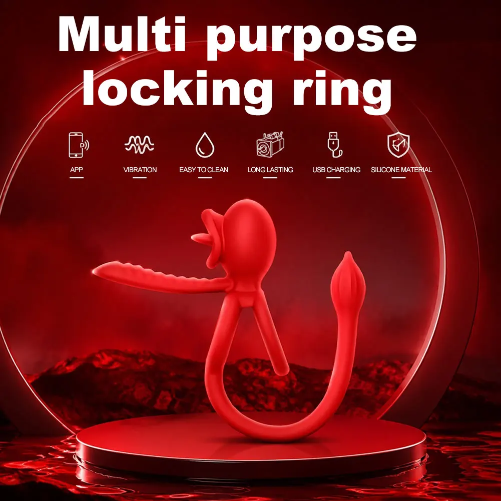 Delayed Ejaculation Penis Cock Ring Wireless Silicone Rose Tongue Licking G-Spot Massage Vibration Sex Toys for Men Wom view 2