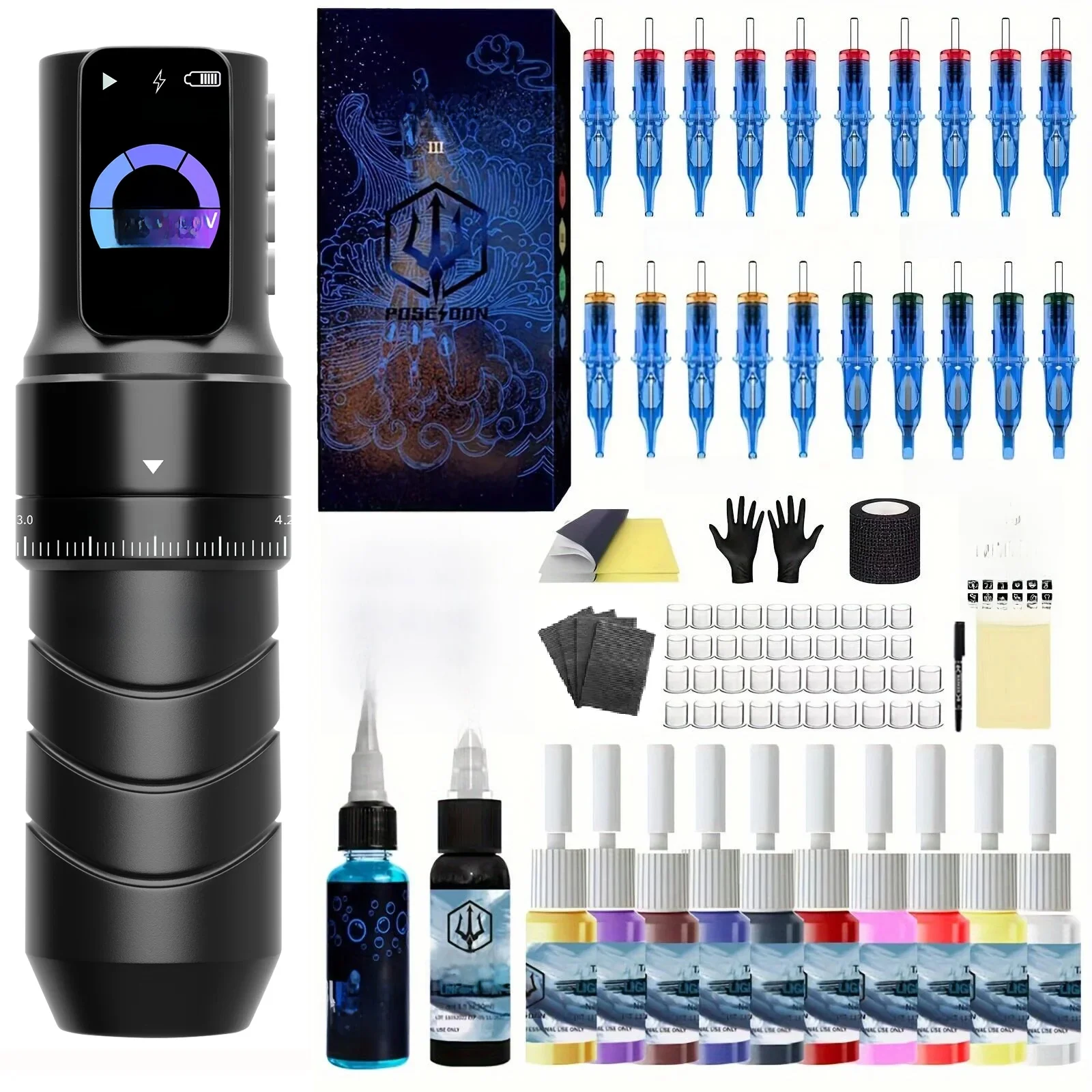 POSEIDON Tattoo Kit Professionele Tattoo Pen Kit voor permanente make-up Tattoo Machine Kit Draadloze voeding Tattoo Gun Kit - afbeelding 2