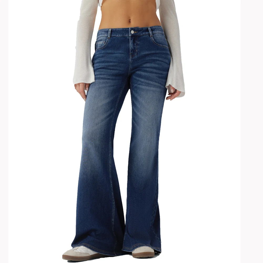 Shascullfites Low Rise Flare Jeans Dark Blue Washed Casual Jeans with Pocket Stretch Slim Fit Women Trouser
