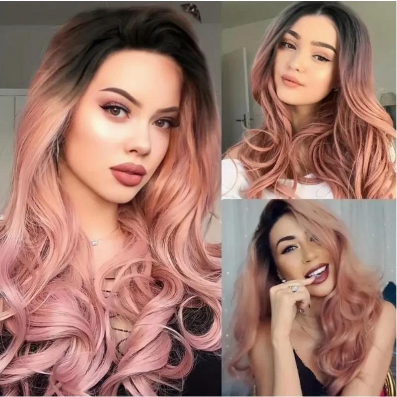   로즈 핑크 롱 웨이브 레이스 프론트 가발 - 풍성한 헤어 질감, 자연스러운 인모 가발, 접착제 없는 레이스 프론트 가발 코스프레 파티