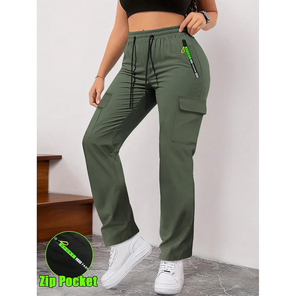 Schlanke Einfarbige Cargo-Hose für Damen Frühling Buchstabendruck Patch Schickes Design Freizeithose Büro Mode Reißverschlusstasche Gerade Hose – Detail 7