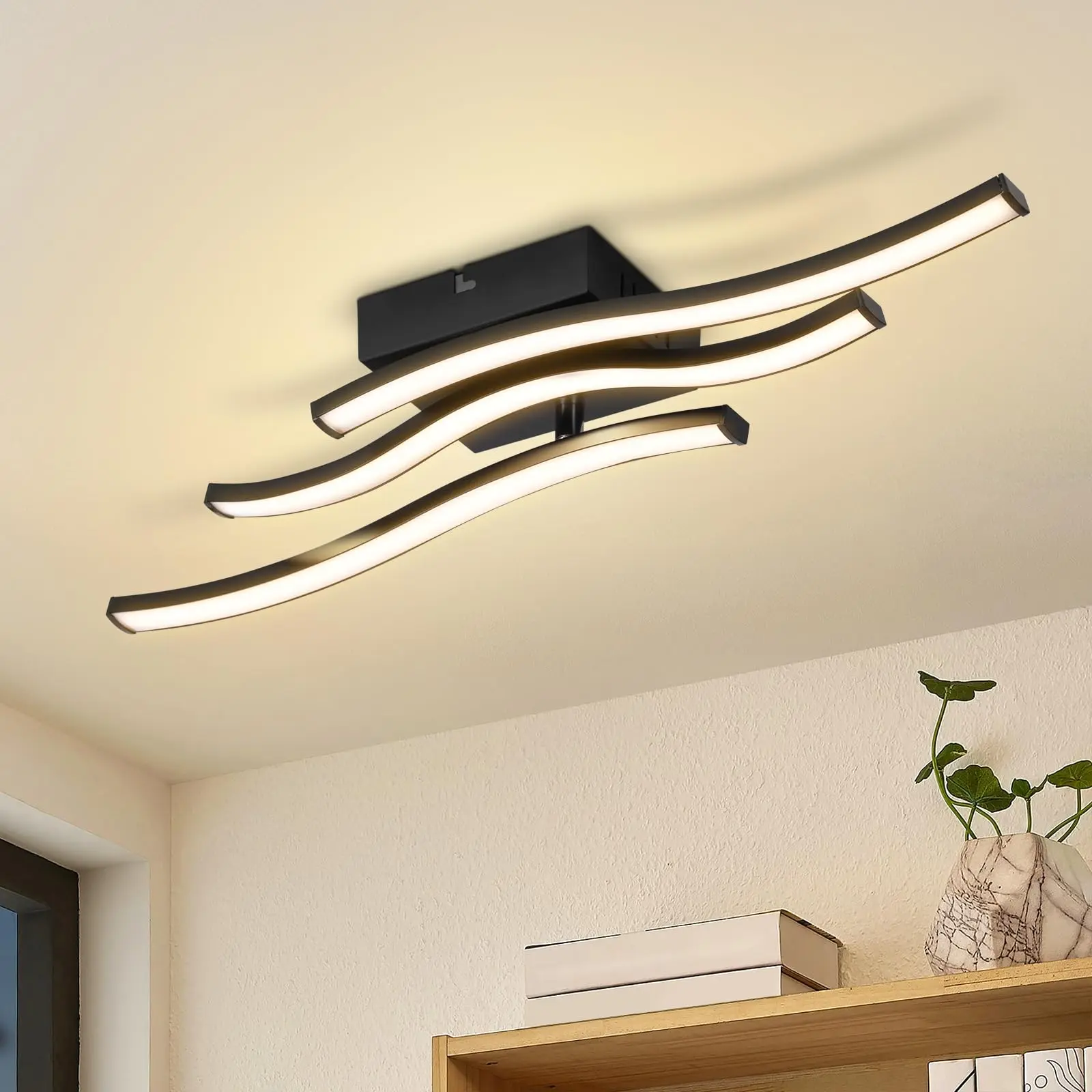 Moderne Schwarze LED Deckenleuchte 18W 3000K Warmweiss 3-Röhren Wellendesign TUV CE Zertifiziert Flimmerfrei Augenfreundlich für Wohnzimmer Schlafzimmer Küche Flur