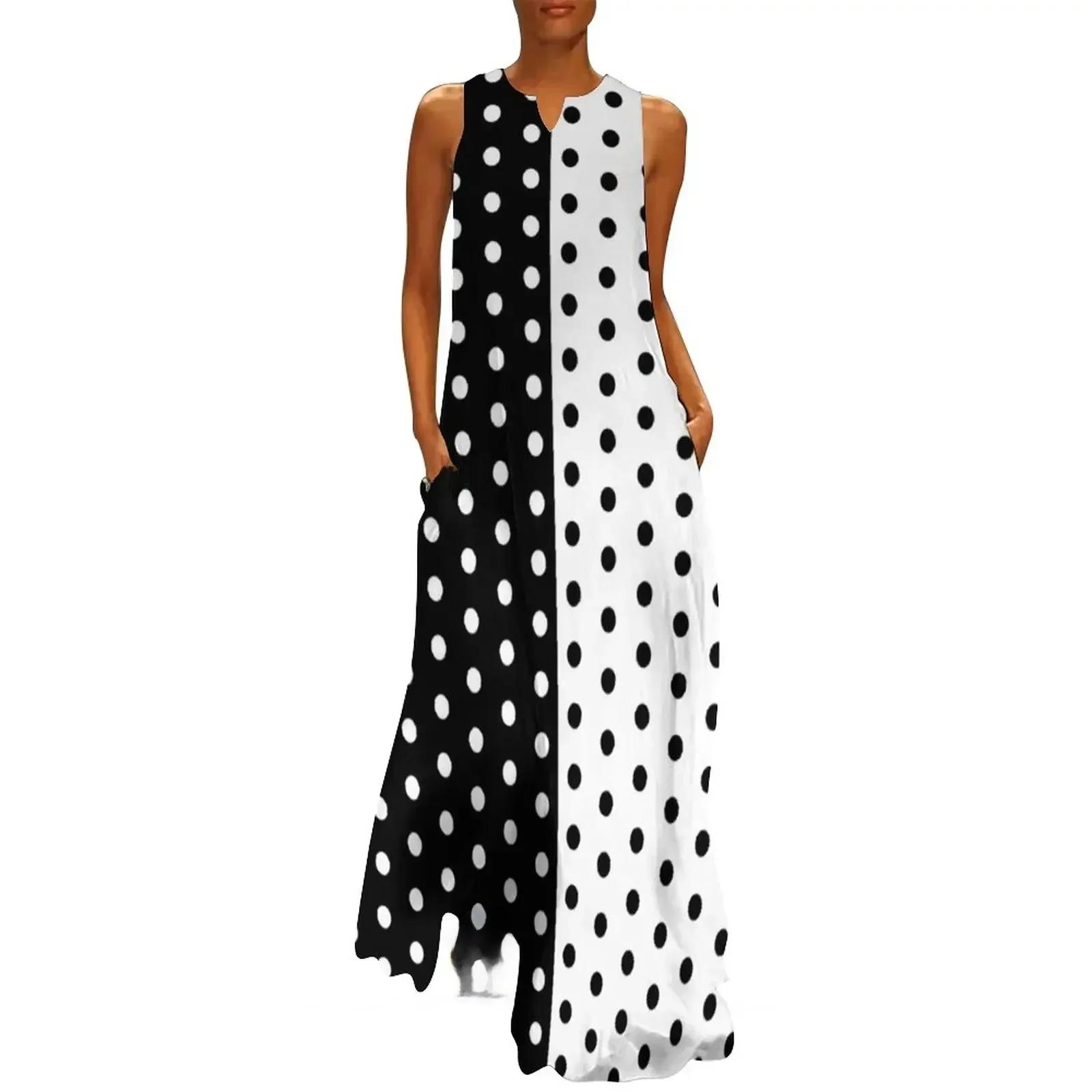 Retro Dwukolorowa Sukienka Wiosna Czarny Biały Kropka Street Wear Boho Beach Długie Sukienki Damskie Vintage Maxi Dress Summer Robe Vestidos — zdjęcie 2