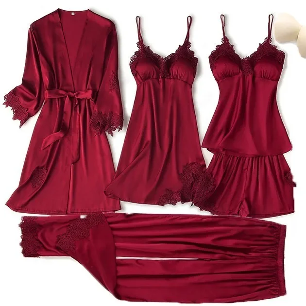 Zestaw piżam dla kobiet Koronkowe wykończenia Satynowa bielizna nocna Piżama Pour Femme Letnia bielizna nocna ze spodniami Casual Home Wear Kimono Robe Gown PJS — zdjęcie 2