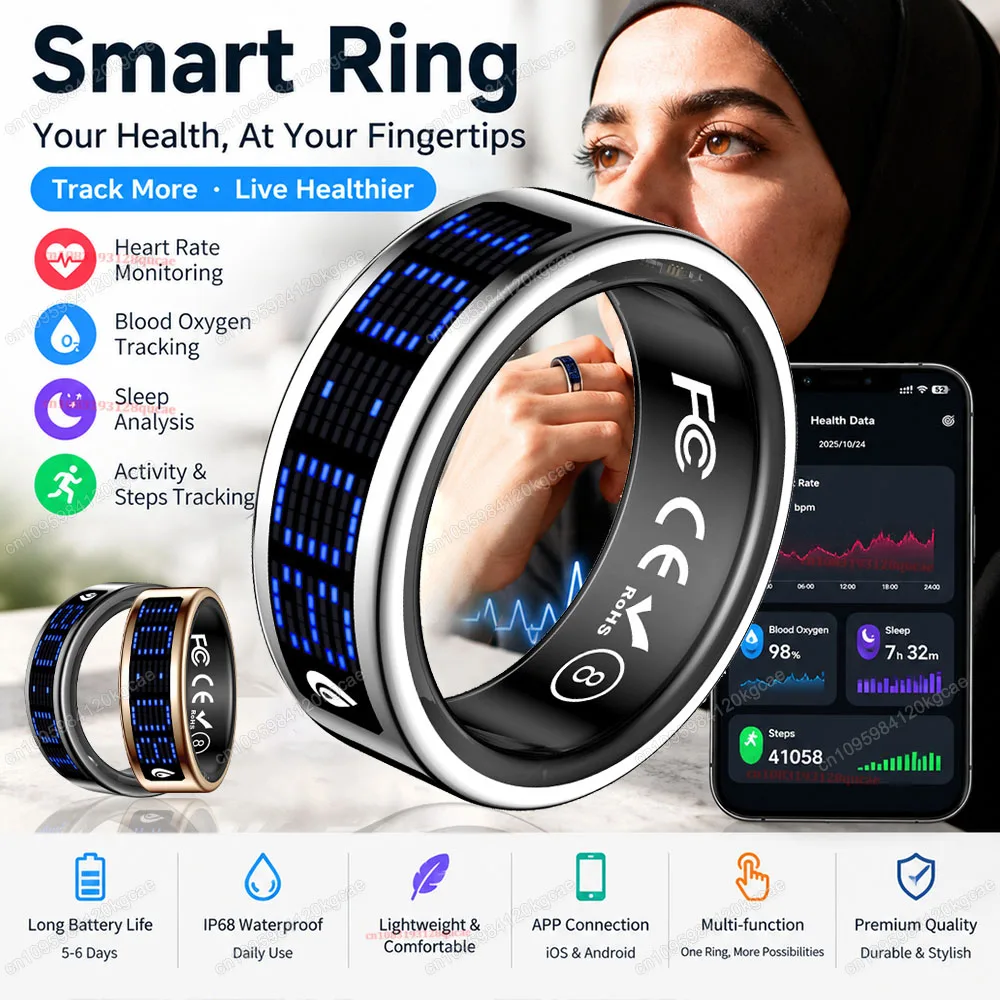 R12 Smart Ring with Display Charging Base Touch Control Tasbeeh Counter 5ATM Waterproof Health Tracker SpO2 Sleep Tracker Men Women