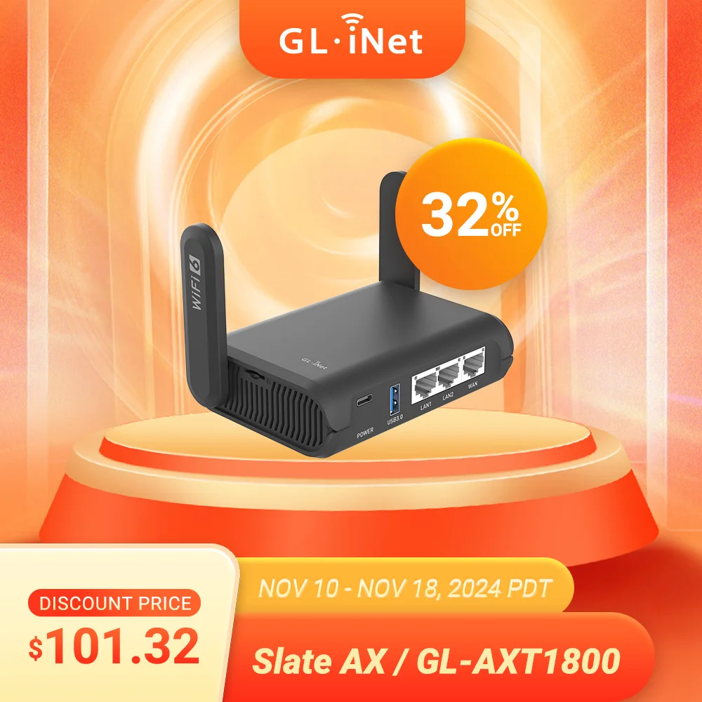 Gl. Inet GL-AXT1800 (Leisteen Bijl) Wi-Fi 6 Gigabit Reisrouter, Client & Server, Openwrt, Adguard