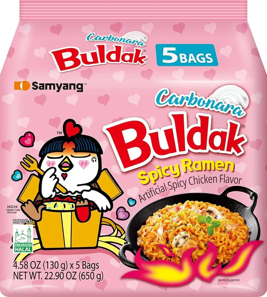 SAMYANG Buldak Ramen Hot Chicken Carbonara 650g (5*130g) - Scharfe Hühnchen-Geschmacksrichtung Koreanische Instantnudeln, Buldak Bokkeum Myun, extrem würzig & lecker