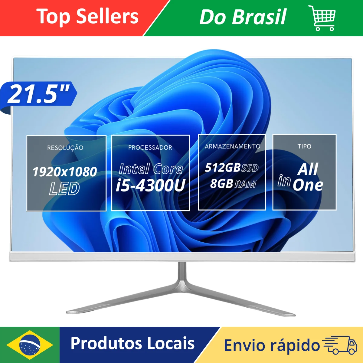 Computador All In One Intel Core i5 8GB RAM SSD 512GB Tela 21.5 Full HD Para Escritório E Trabalho Com Design Slim Elegante