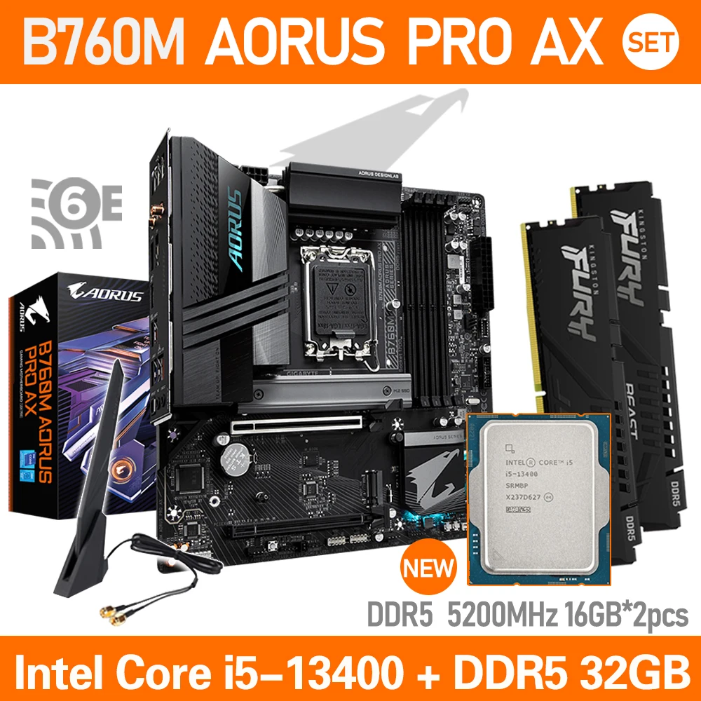 GIGABYTE B760M AORUS PRO AX Intel B760 Mainboard CPU With Core i5 13400 Set Kingston DDR5 Ram 32GB 5200MHz Desktop Memory WIFI 6