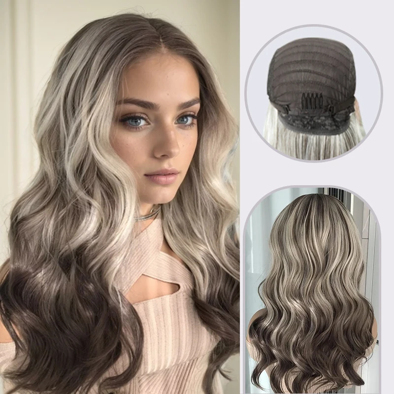 Synthetic Wig Ash Platinum Wave Highlight Wig Mixed Brown and Blonde Color Ombre Lace Front Wigs for Women Wig Use for daily