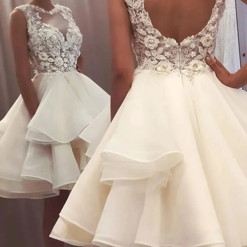 Korte mini-trouwjurken Doorschijnende O-hals Kant 3D-bloem Mouwloos A-lijn Bruiloft Bruidsjurk Vestido De Novia - afbeelding 2