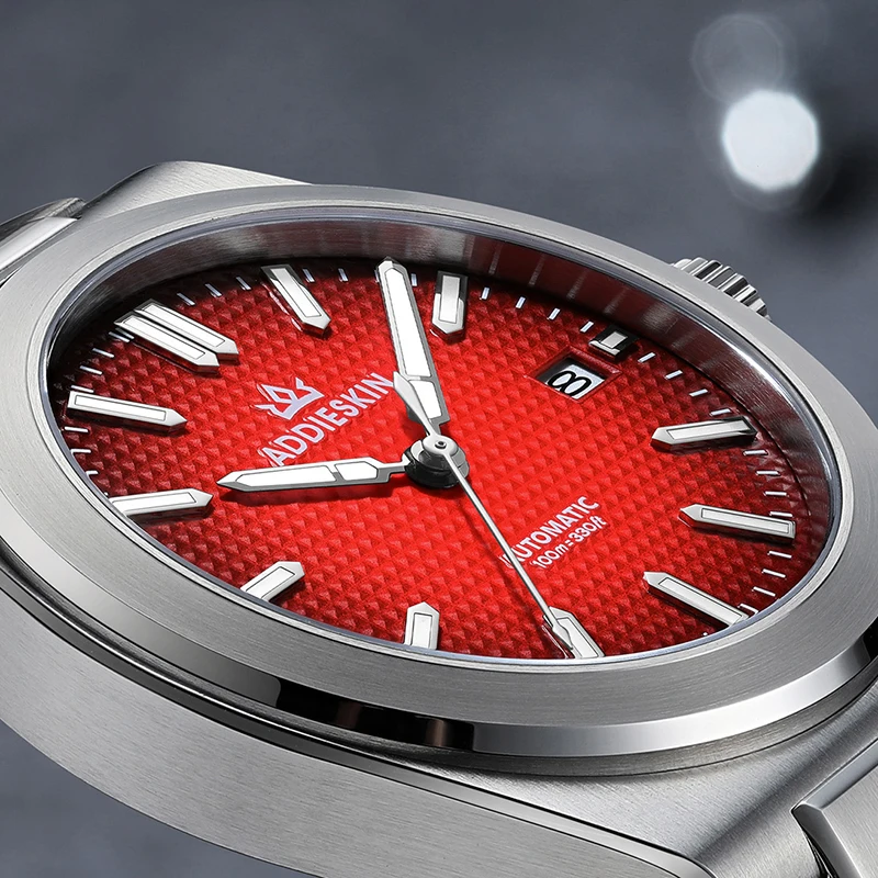 ADDIESKIN K004 Men's Automatic Watch 39mm Ultra-Thin 100m Waterproof Red Waffle Dial  BGW9 Luminous Miyota 9015 Sports Watch