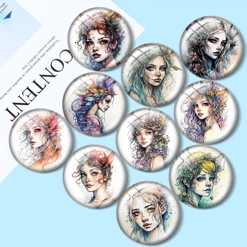 

Watercolor Forest Fairy DIY 10pcs 12mm/16mm/18mm/30mm Round Photo Glass Cabochon 25mm Demo Flat Back Making findings