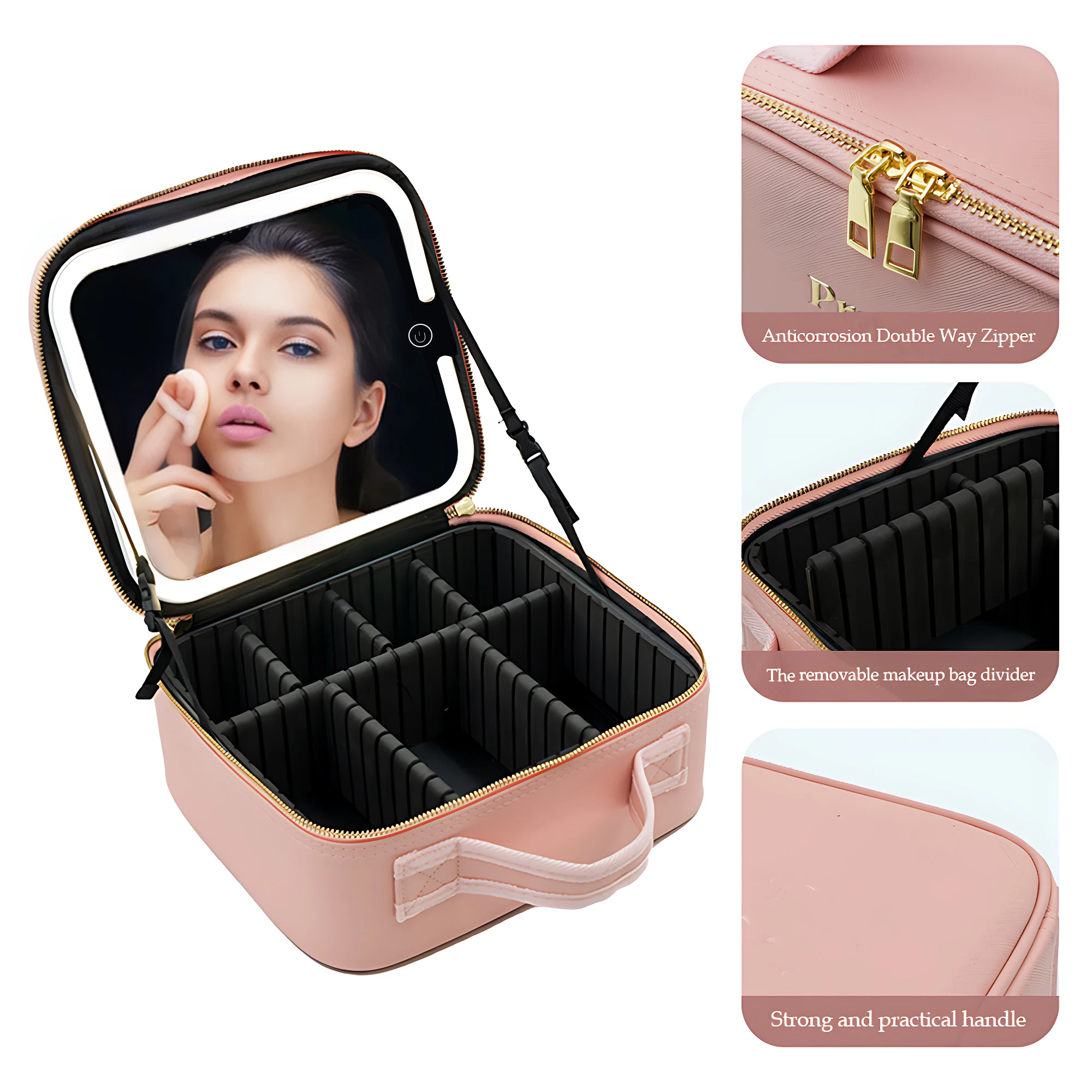 Makeup Bag with LED Mirror, Travel Makeup Organizer, Makeup Case with 3 Color Lighted Setting and Portable Storage and Adjustabl