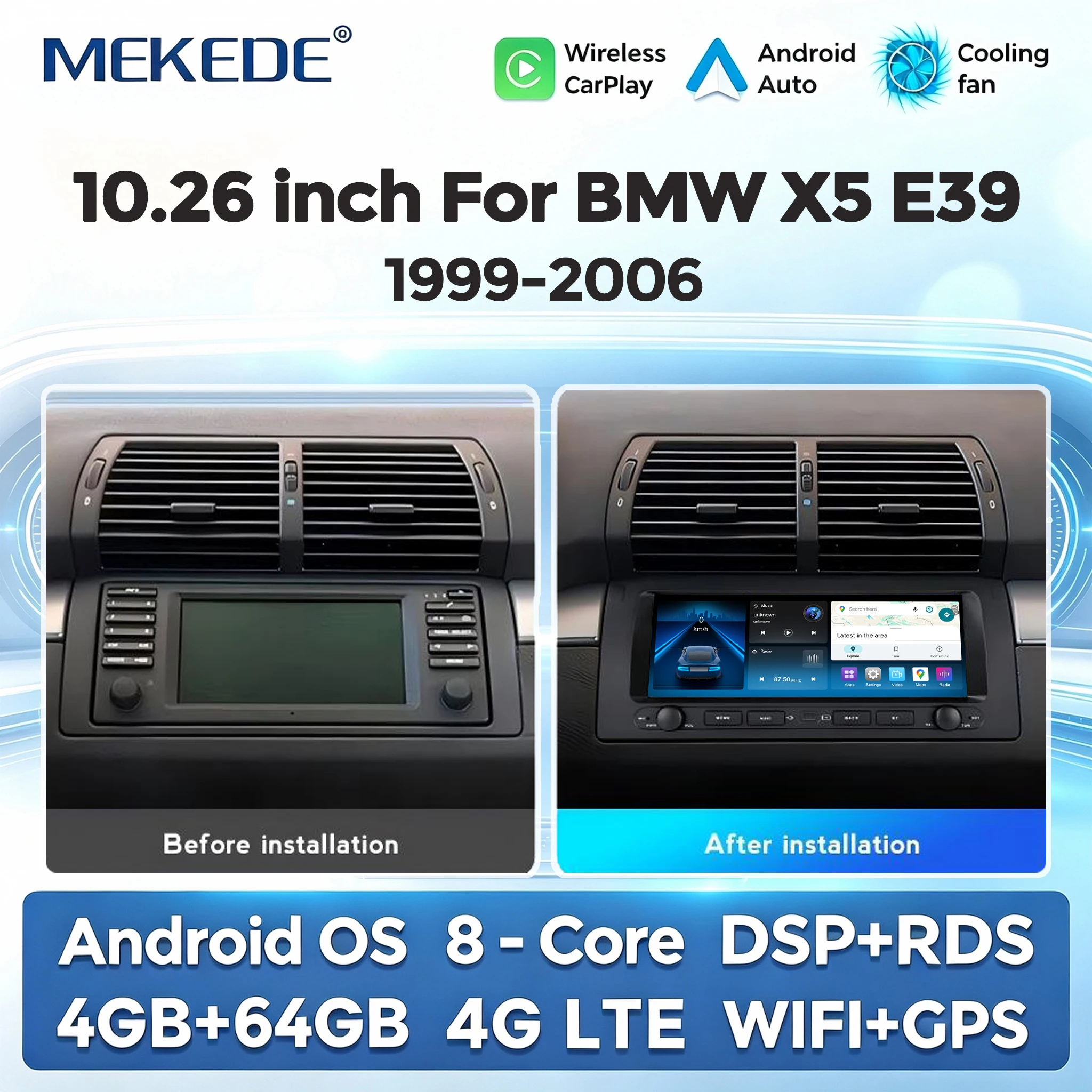 MEKEDE, disponibile in magazzino nell'UE, autoradio Android con schermo da 10,26 pollici, sistema di navigazione GPS per BMW X5 E39 (1999-2006), lettore multimediale con video, 4G, WIFI, CarPlay
