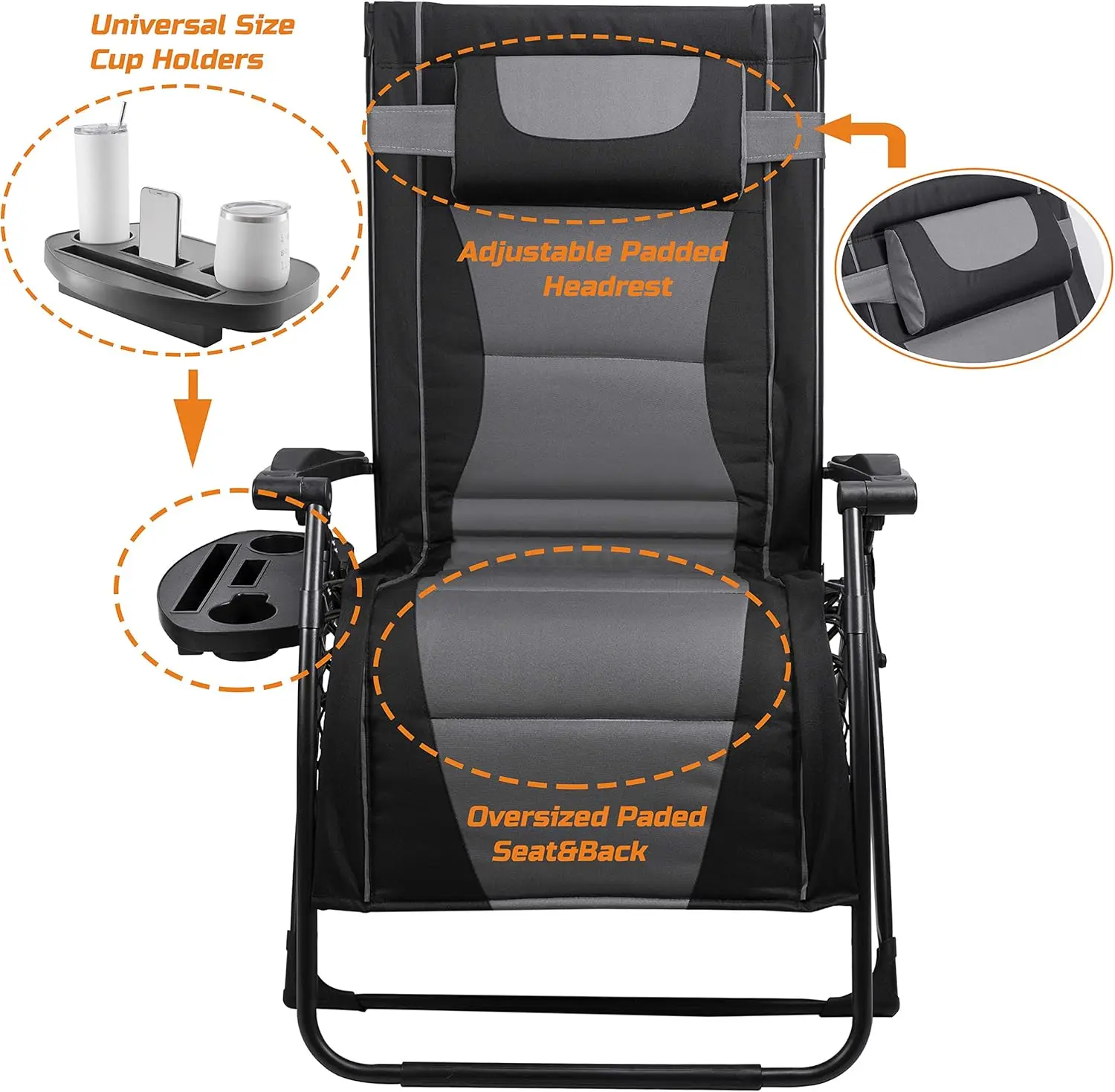 XXL Oversize Recliner Folding Chair for Camping Patio Outdoors Zero Gravity Extra Wide Reclining Padded Seats with Sunshade and