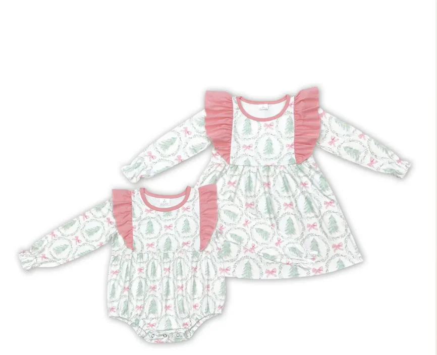 

Little Girl Flutter Sleeve Bubble Romper Christmas Tree Bows Print Romper Clothes