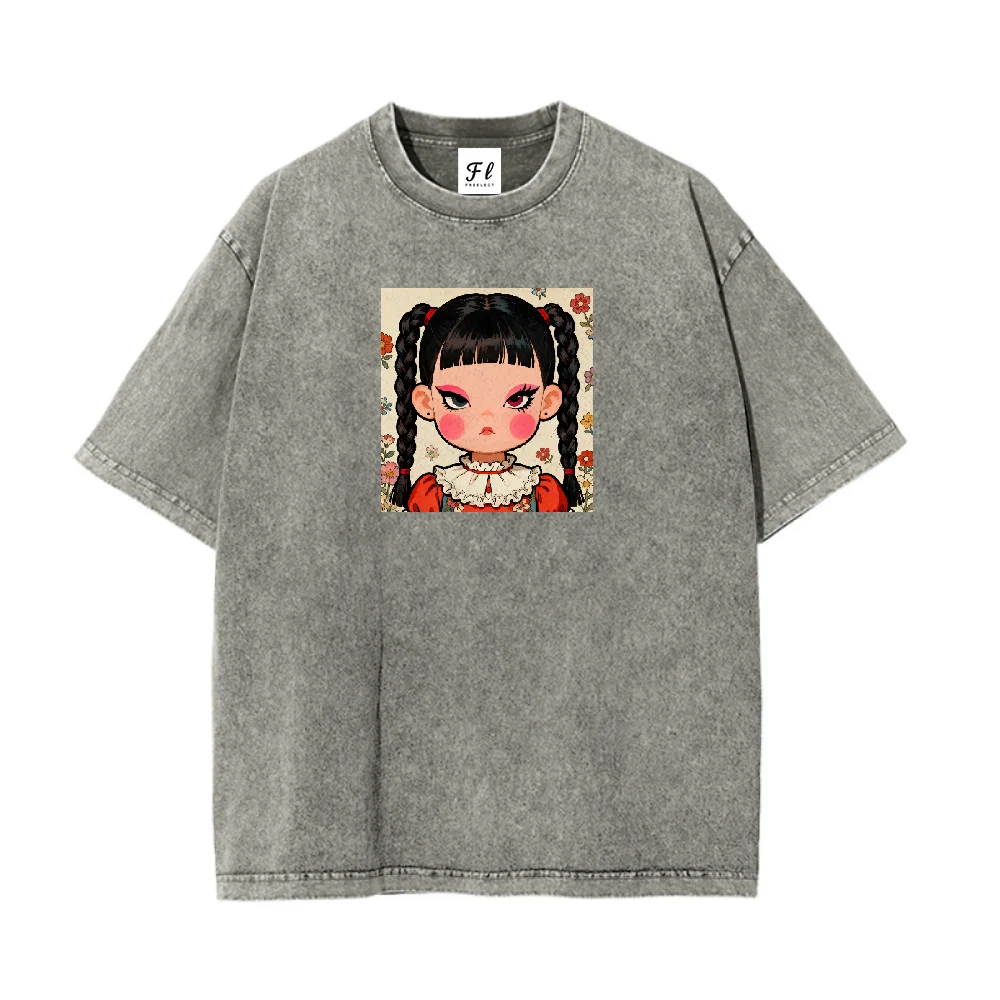 

Винтажная стираная футболка большого размера в стиле ретро с уникальным принтом «косичка» для девочек и цветочными деталями, идеально подходящая для винтажной моды