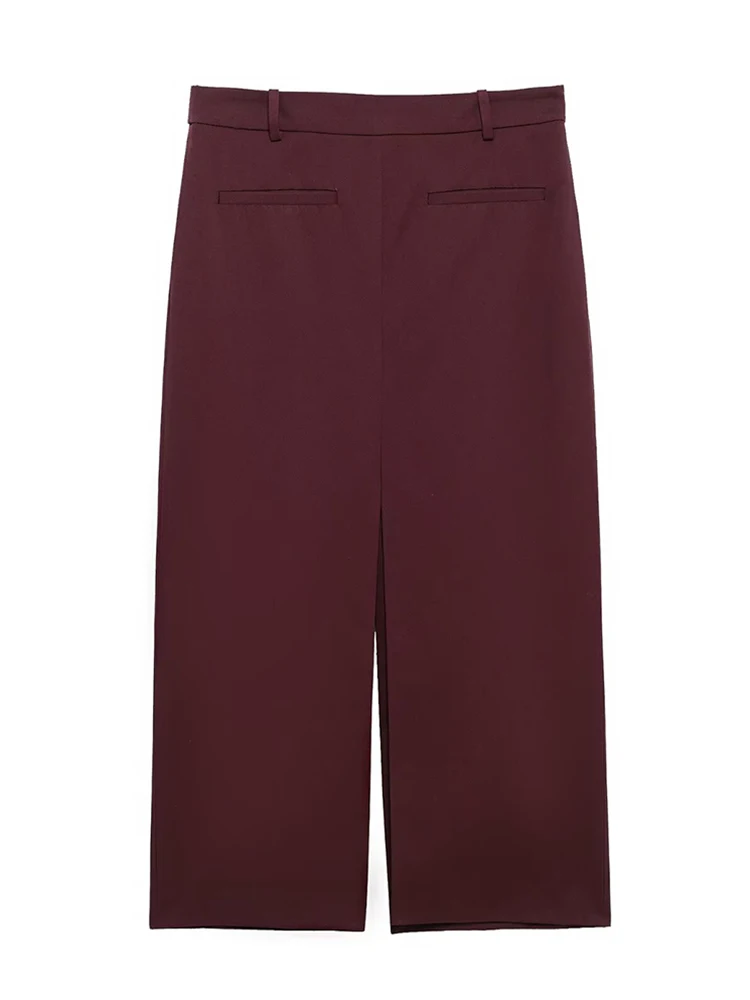 

KUCLUT Women Fashion With Pockets Wine Red Slit Back Zpper Midi Skirt Vintage High Waist Female Chic Lady Skirts