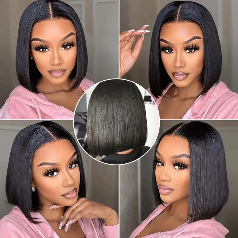 Wig rambut manusia Frontal 13X4 transparan renda Wig Bob lurus hitam alami sebelum dipetik rambut manusia Brasil kepadatan 200