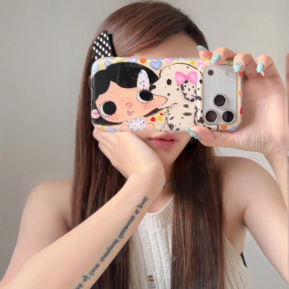 

Kawaii INS Cartoon Cat Dog Kissing Girl Phone Case for iPhone 17 Pro 15 16 17 ProMax 15 Pro Colorful Heart Shape Shockproof Case