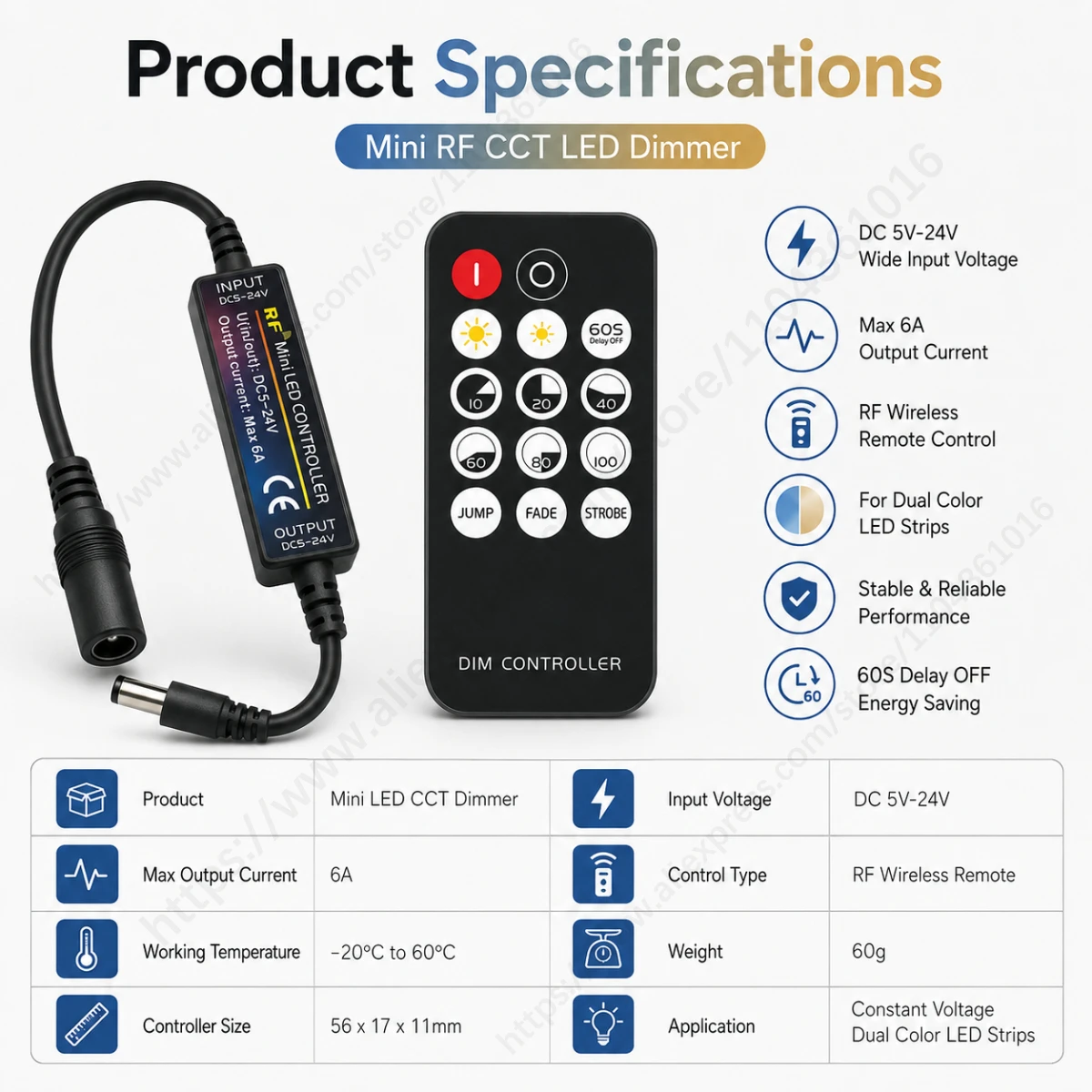 Mini RF CCT LED Dimmer DC5-24V 6A Wireless Remote Control Brightness Controller for Dual Color LED Strip Light