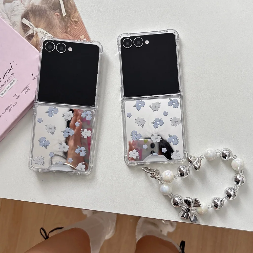

Fresh mirror small blue flower mobile phone case, suitable for Samsung Z Flip3 4/5/6/7, simple new shock-proof protective case