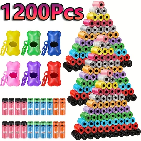 1200pcs 무작위 컬러 만화 발 그래픽 개 똥 가방 애완 동물 똥 가방 애완 동물 용품에 대 한 누출 방지 개 폐기물 가방