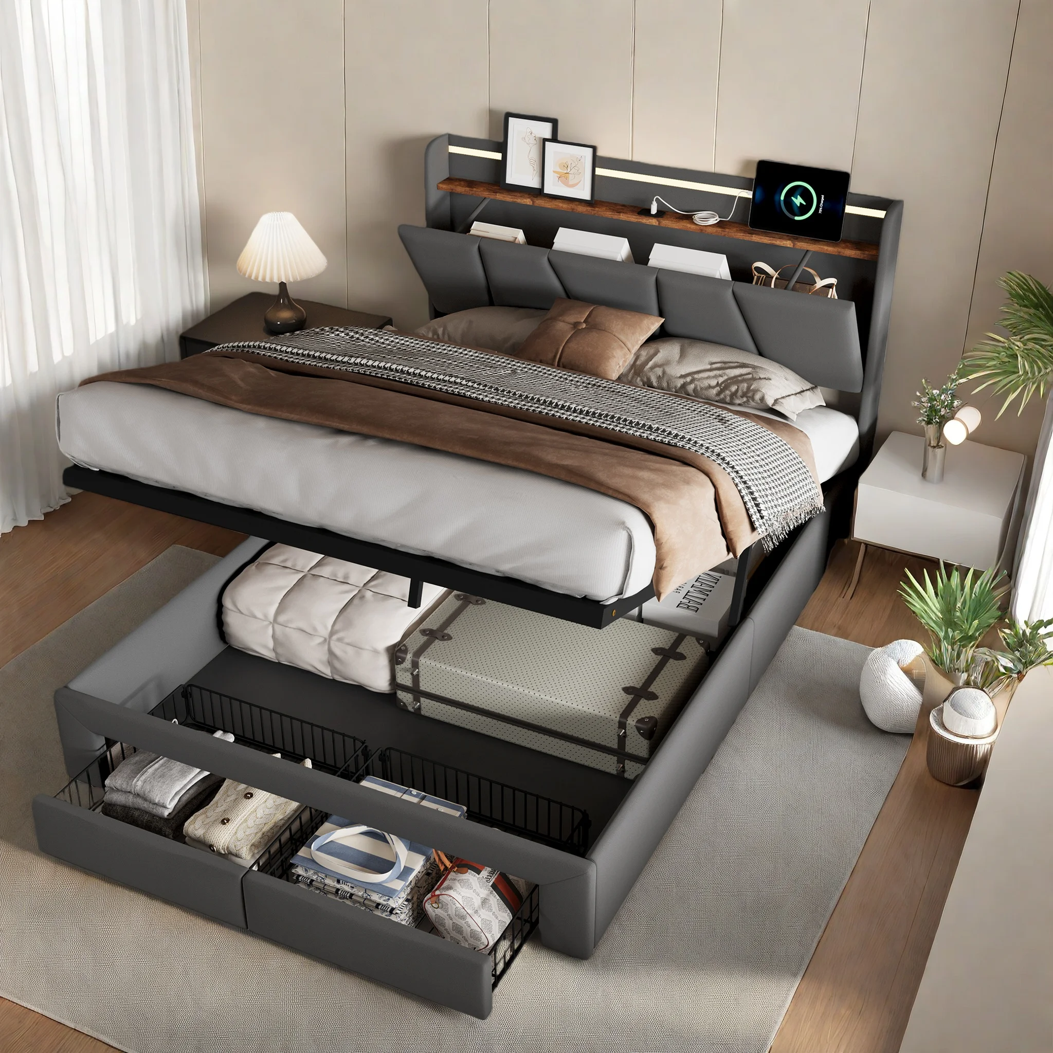 Letto idraulico Superaly, 160 × 200 cm, letto matrimoniale, letto con contenitore per la camera da letto principale, letto imbottito con 2 cassetti in metallo, struttura letto per camere da letto di