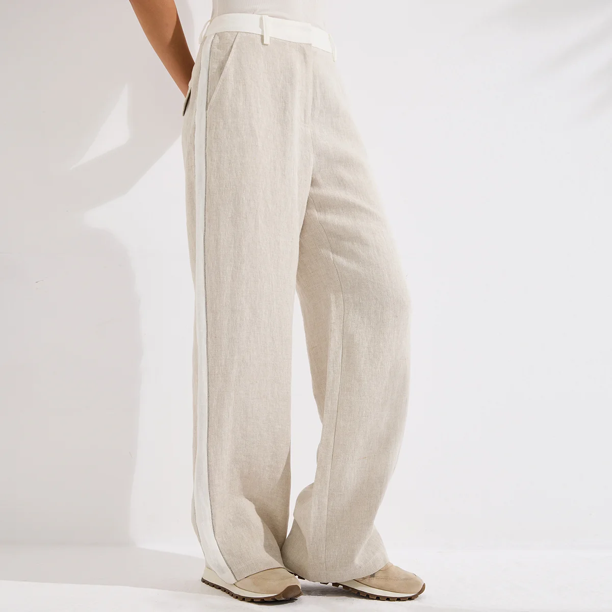 KL9613620 Luxury 100% Linen Wide Leg Pants Women's Elegant High Waist Drawstring Trousers Minimalist Loose Straight Leg