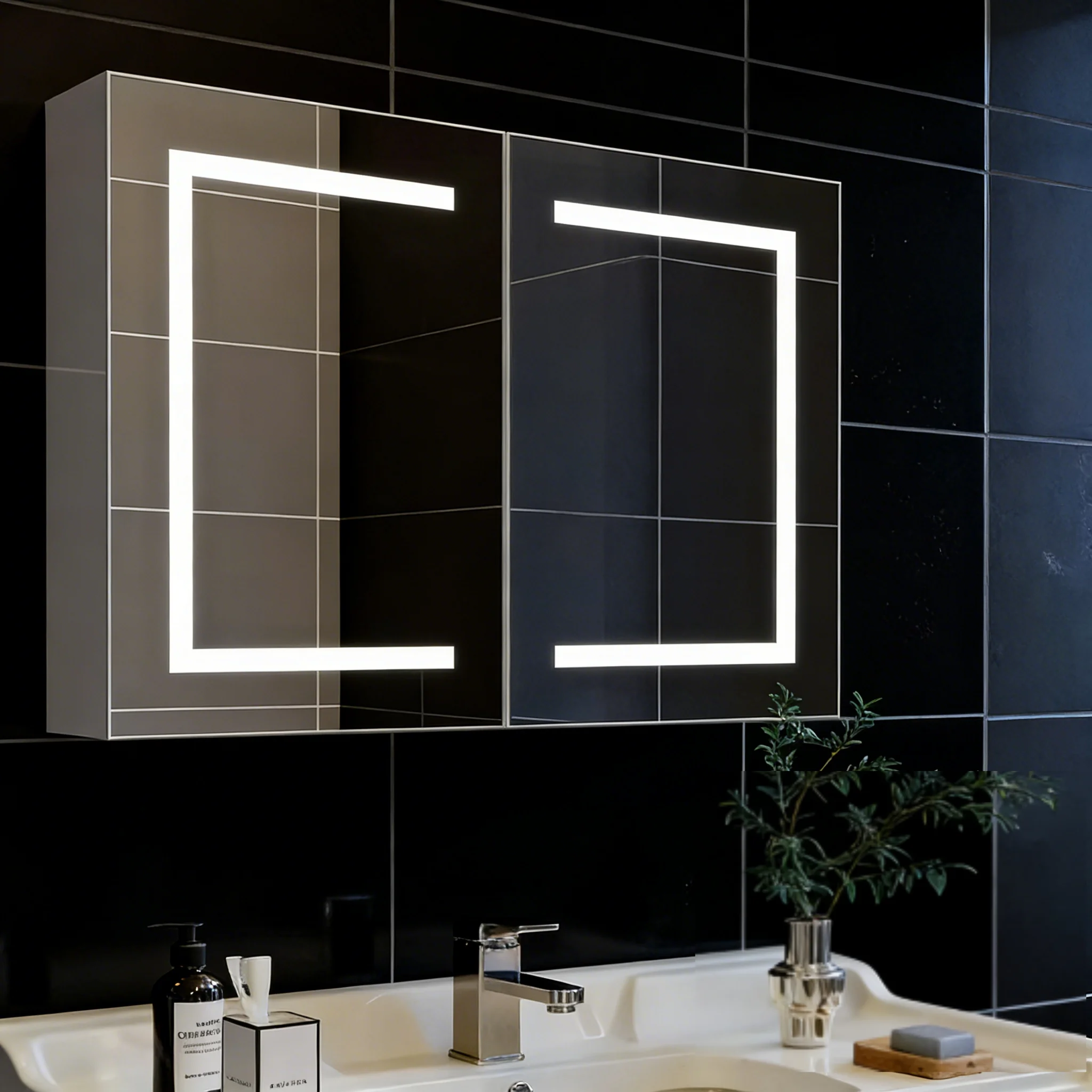 Beschlagfreier Badezimmerspiegelschrank mit LED-Beleuchtung, höhenverstellbaren Regalen und dreistufiger Farbtemperatur-Dimmfunktion; ein